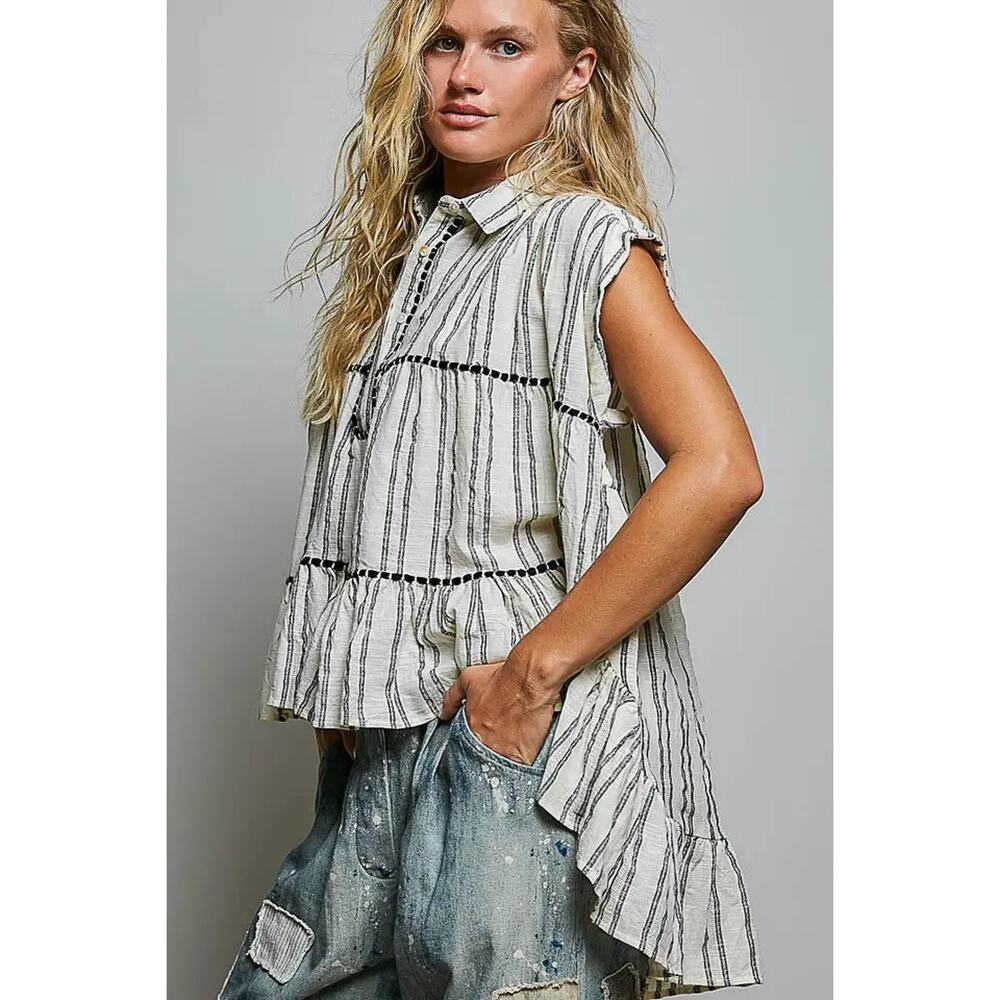 POL Collared Neck Stripe Soft Ruffle Stitch Sleeveless Shirt Top - Picture 3 of 6